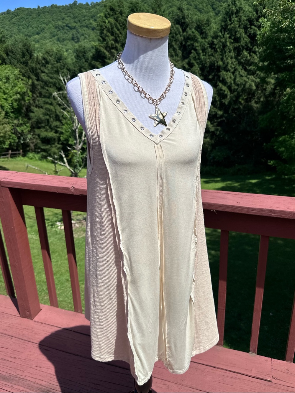 POL Cream Sleeveless V-Neck Tank Tunic with Stud Trim